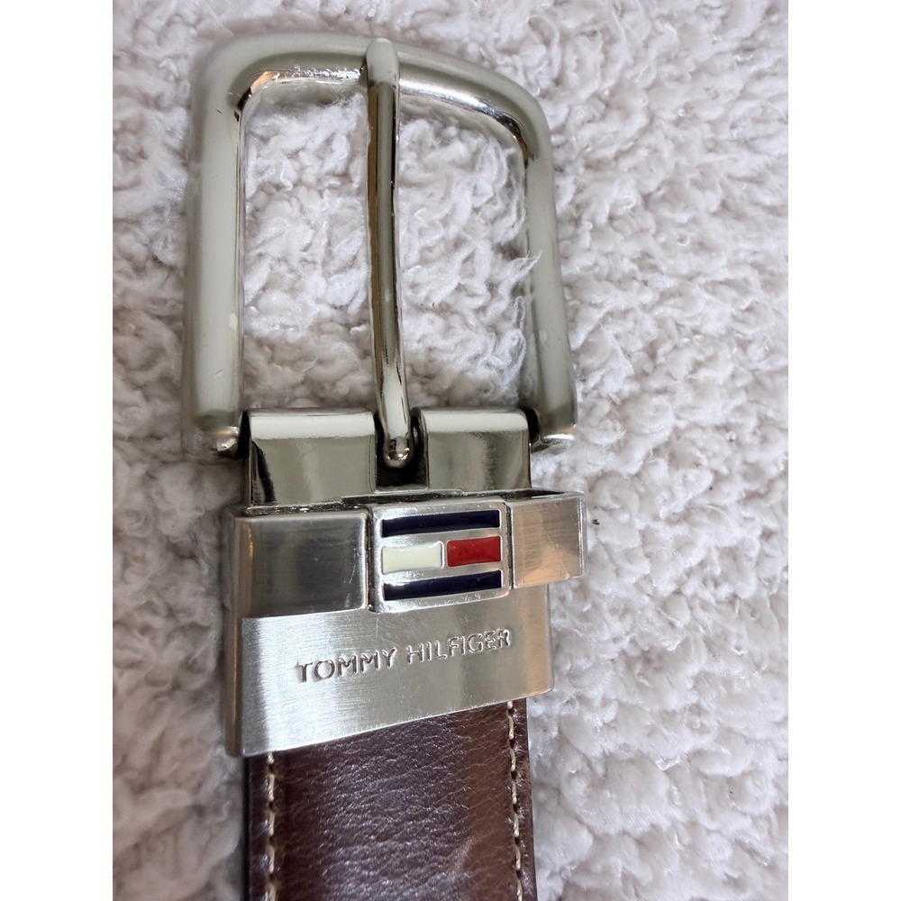 Tommy Hilfiger Mens Reversible Leather Belt Brown Black Silver Buckle 34 AJD